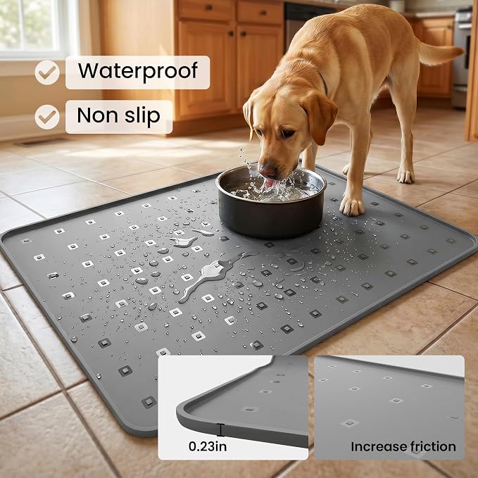 Silicone Pet Feeding Mat, 26x18 Inch Waterproof Dog Bowl Mat – Non-Slip, Machine Washable, Thin 0.28 Inch Edge for Messy Eaters, Protects Hardwood & Tile Floors, Dark Grey