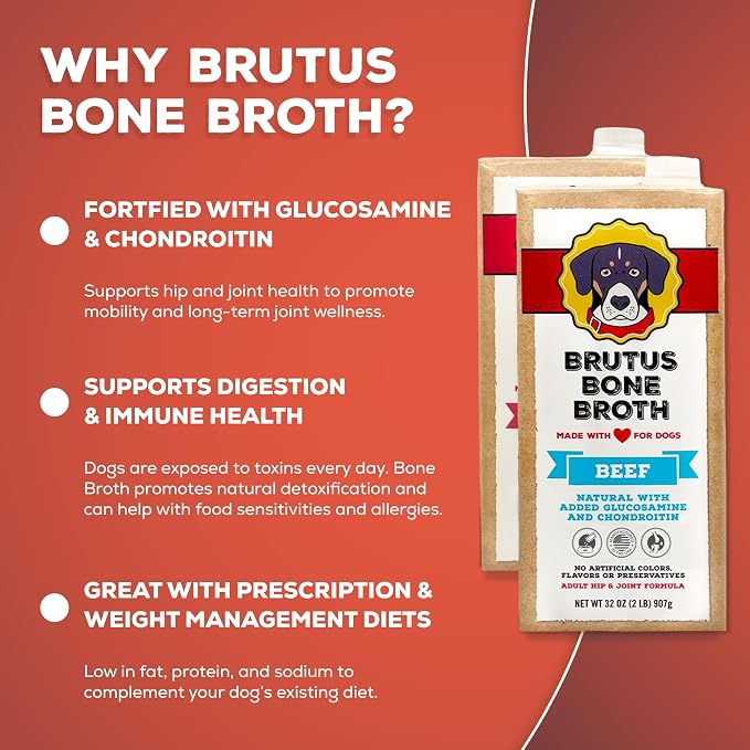 Brutus Bone Broth Liquid for Dogs | All Natural | Made in USA | Glucosamine & Chondroitin for Healthy Joints | Human Grade Ingredients | Hydrating Dog Food Topper, Gravy & Treat (Beef & Pork)