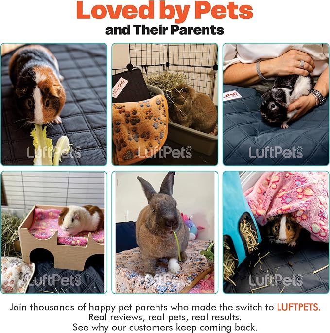 LUFTPETS Reusable Guinea Pig Cage Liners 5 Pcs - 2 Washable C&C 2x4 Pee Pads 57”x28” + 3 Soft Bunny Fleece Blankets 24”x16”, Waterproof Rabbit Bedding with Odor Control, Absorbent Mats for Small Pets