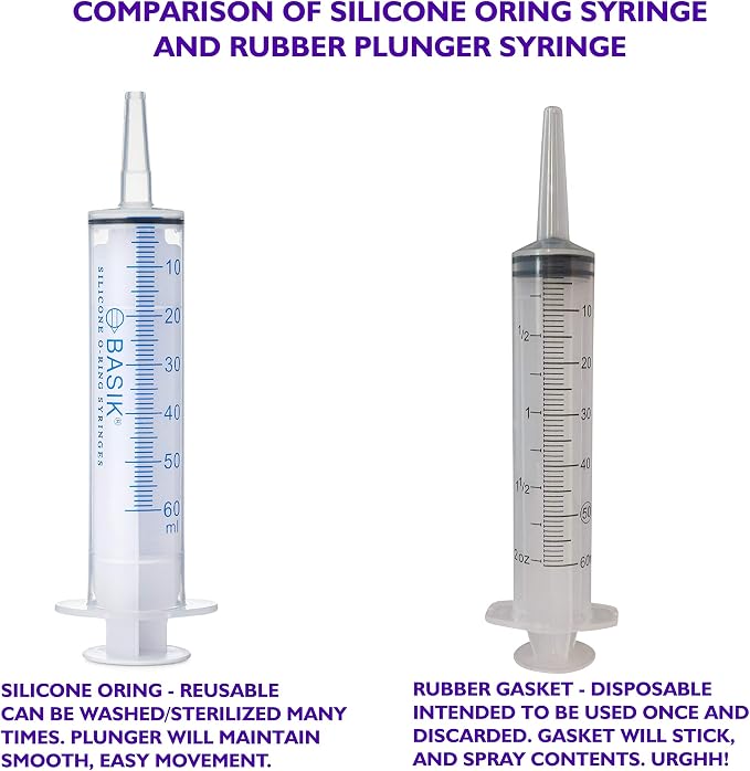 BASIK 60ml Enteral Feeding Syringe Cath Tip 60cc Silicone O-ring Tube Feeding With Caps Craft and Garden Syringe Pet Feeding 5/pack
