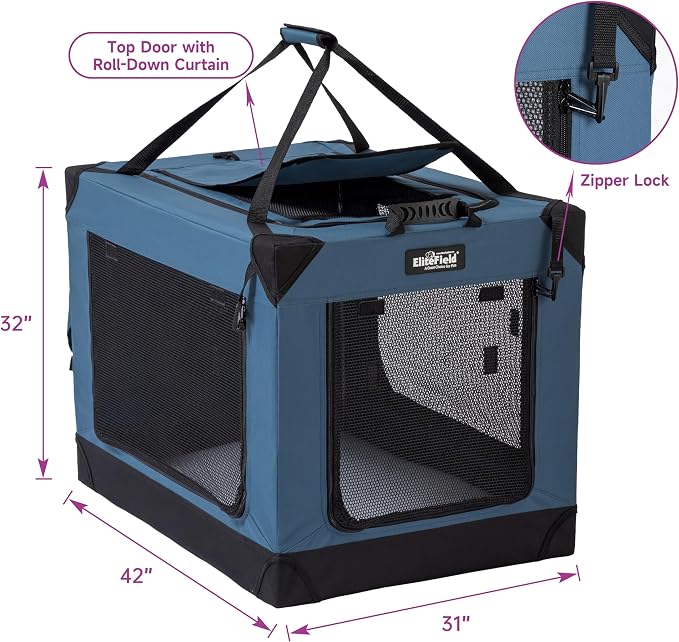EliteField 4-Door Folding Soft Dog Crate (2-Year Warranty) with Aluminum Frame, Top Curtain, Carrying Bag, and Fleece Bed, Indoor & Outdoor Pet Home (42" L x 31" W x 32" H, Blue Gray)