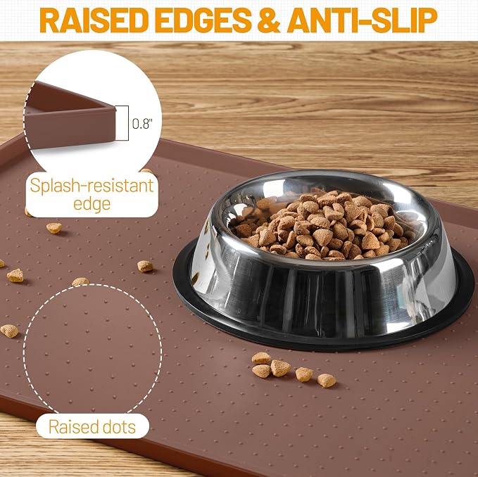 Hubulk Dog Feeding Mat,100% Waterproof Food Grade Silicone Pet Food and Water Bowl Placemat,Dishwasher, High Raised Edge to Prevent Spills,Nonslip Tray to Stop Messes on Floor（32"x24"x1.0", Brown）