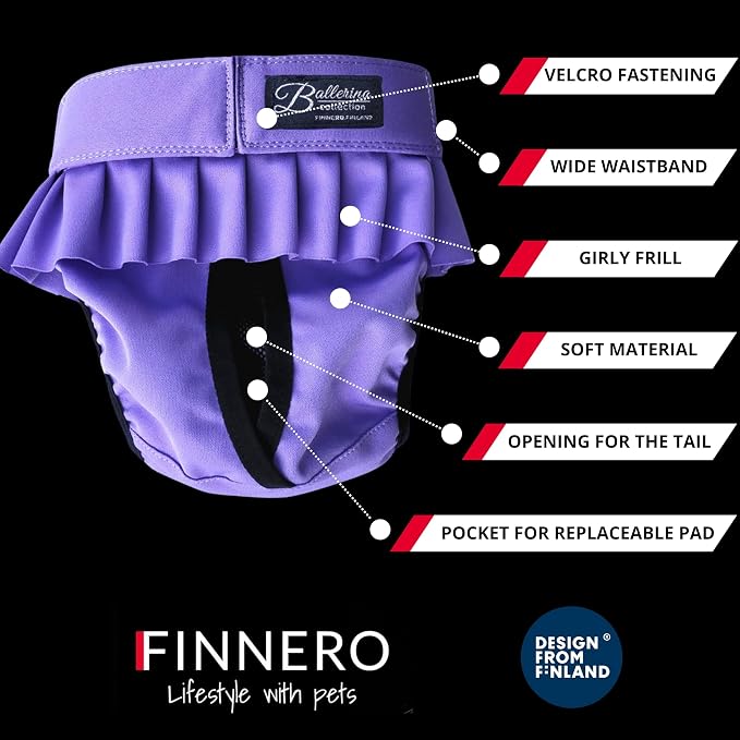 FINNERO Ballerina Dog Diaper – Washable, Reusable, Leak-Proof – Heat, Period & Urine Incontinence Protection – Comfortable, and Stylish Design – Adjustable Fit for Female Dogs – Small, Purple