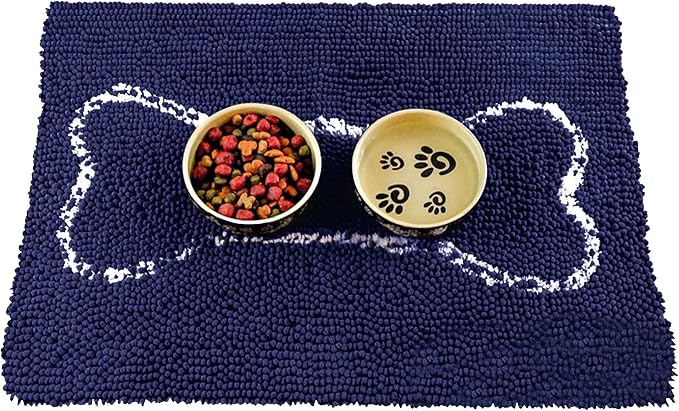 Soggy Doggy Slopmat Dog Food Mat – Absorbent Microfiber Chenille Pet Feeding Mat for Food & Water Bowls, Muddy Paws Small Doormat, Non-Slip, Machine Washable Rug – Navy Blue/Oatmeal Bone, 18” x 24”
