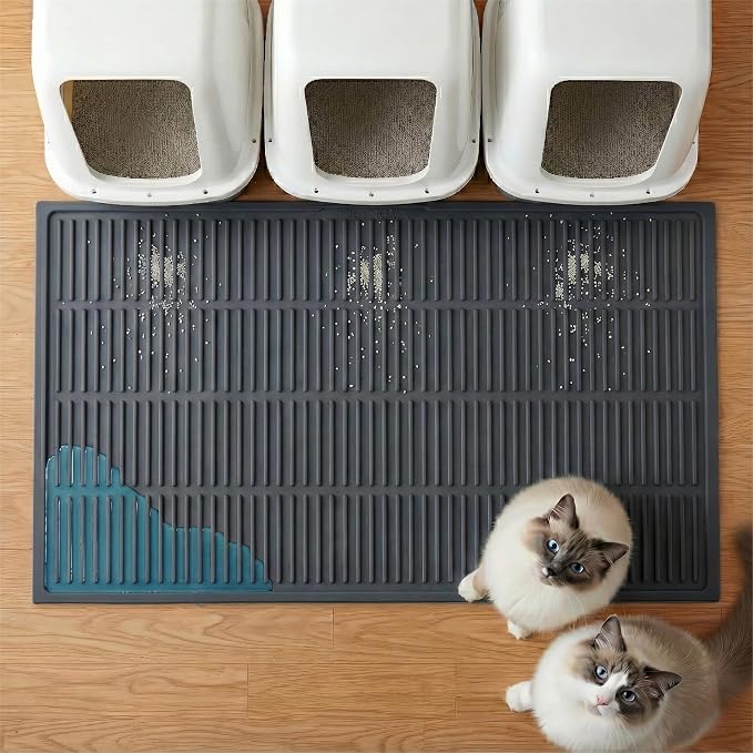 Extra Large Litter Mat: XL 39"x29" Silicone Waterproof Groove Design Litter Trapping Mat Easy to Clean for Multiple-Cats - Jumbo Non-Slip Cat Box Rug for Floor (Grey)