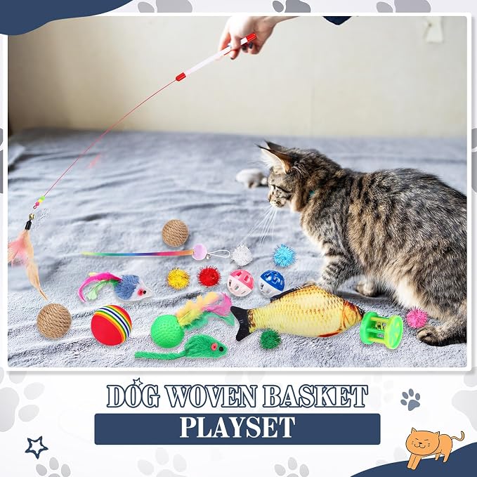 Zopeal 76 Pcs Graduation Cat Storage Basket Gift Toys Set Interactive Cat Toys Kitten Wand Colorful Flashing Balls Pet Crinkle Balls Attract Kitten to Swat, Hunt for Pet Indoor(Blue)