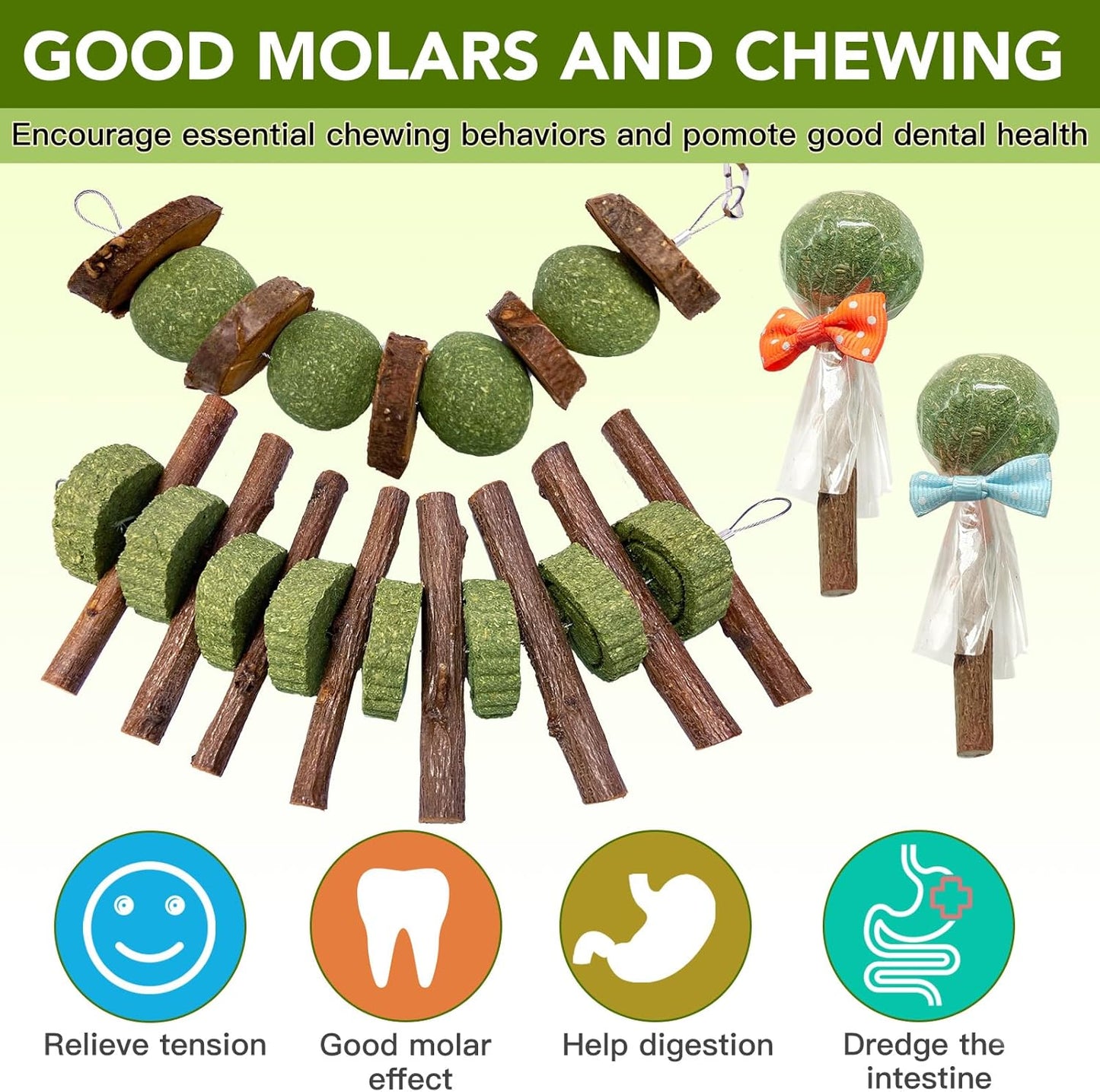 3 Pcs Bunny Chew Toys with 3 Pcs Rabbit Chew Lollipop for Teeth Grinding, Improve Dental Health, Treats for Rabbits Guinea Pigs Chinchillas Bunnies Hamsters