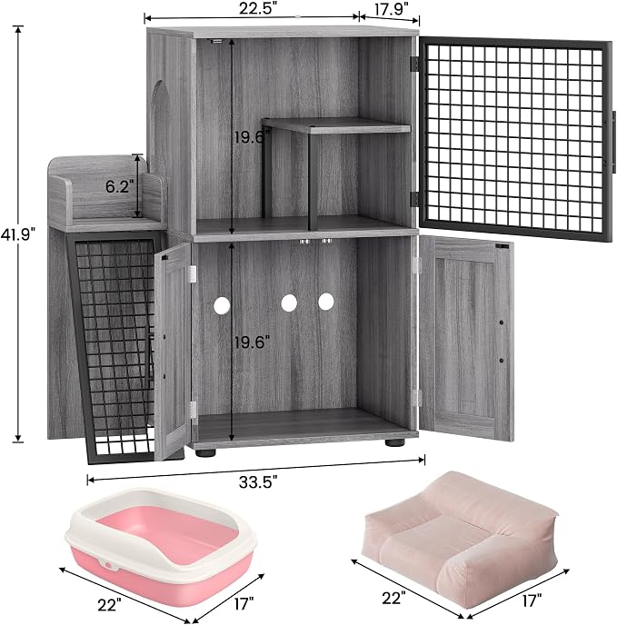Garvee Cat Litter Box Enclosure, 2-Tier Cat House with Ladder, Hidden Litter Box Cabinet with Storage, 33.5 x 17.9 x 41.9 Inches, Dog Proof Cat House for Hallway, Bedroom, Living Room