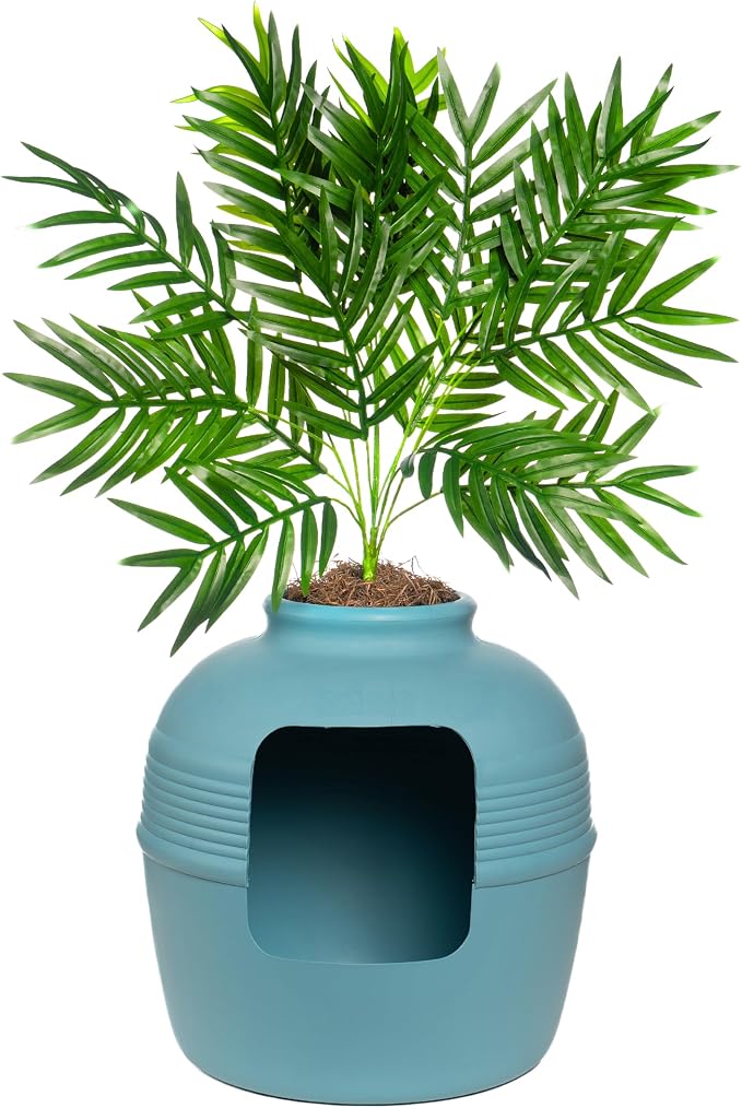 Good Pet Stuff Original Hidden Litter Box Planter, Decorative Cat Litter Enclosure, Carbon Filter, Faux Plant, Round Design, Easy to Clean, Base Kit, Palm Plant, Coastal Blue