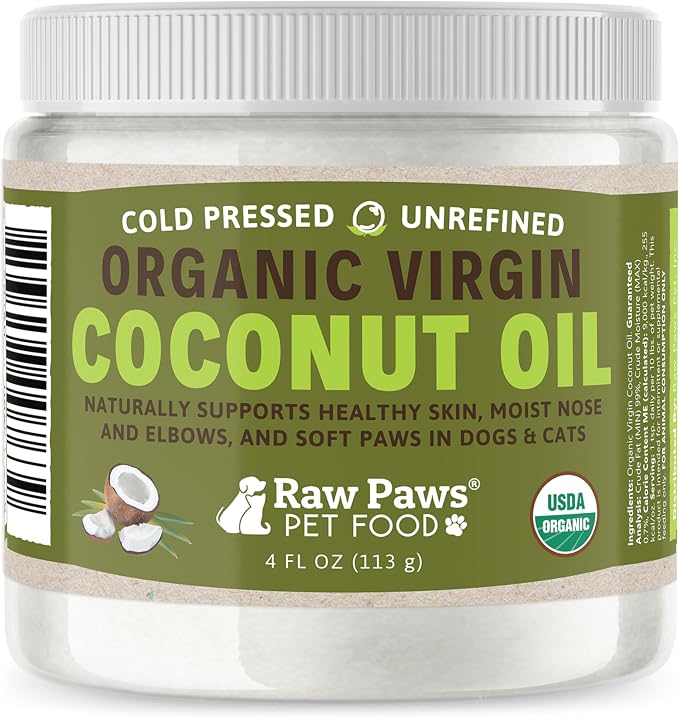 Raw Paws Virgin Organic Coconut Oil for Dogs & Cats (4-oz) - Skin & Coat | Dry Nose & Paw Balm - Itchy Skin Support - Hot Spot Care - Cat Hairball Support - Edible Pet Supplement