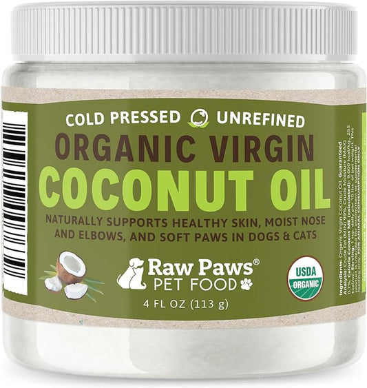 Raw Paws Virgin Organic Coconut Oil for Dogs & Cats (4-oz) - Skin & Coat | Dry Nose & Paw Balm - Itchy Skin Support - Hot Spot Care - Cat Hairball Support - Edible Pet Supplement