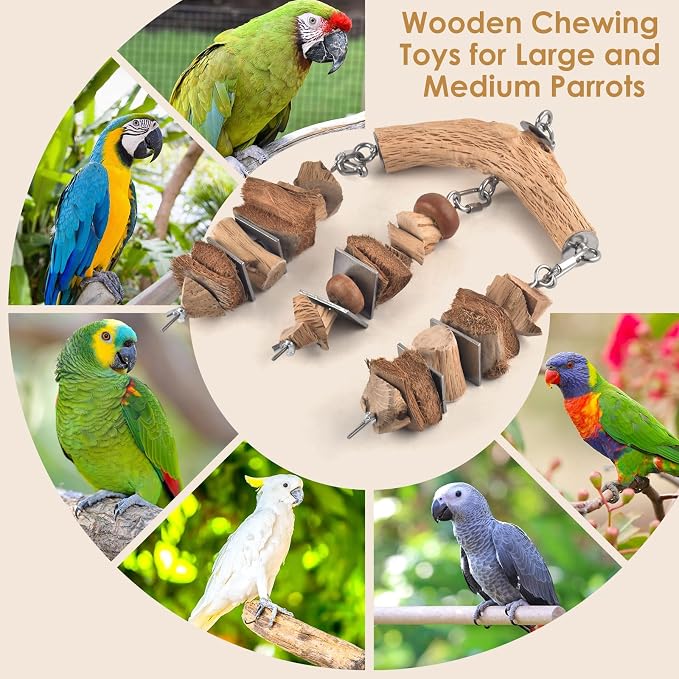 DBNESS Bird Parrot Toys, Hanging Medium Large Birds Wooden Chew Blocks with Stainless Steel Natural Chewing Cage Bite Toy for Macaws African Greys Cokatoos Amazon Parrots Similar Sized Pet Parrots