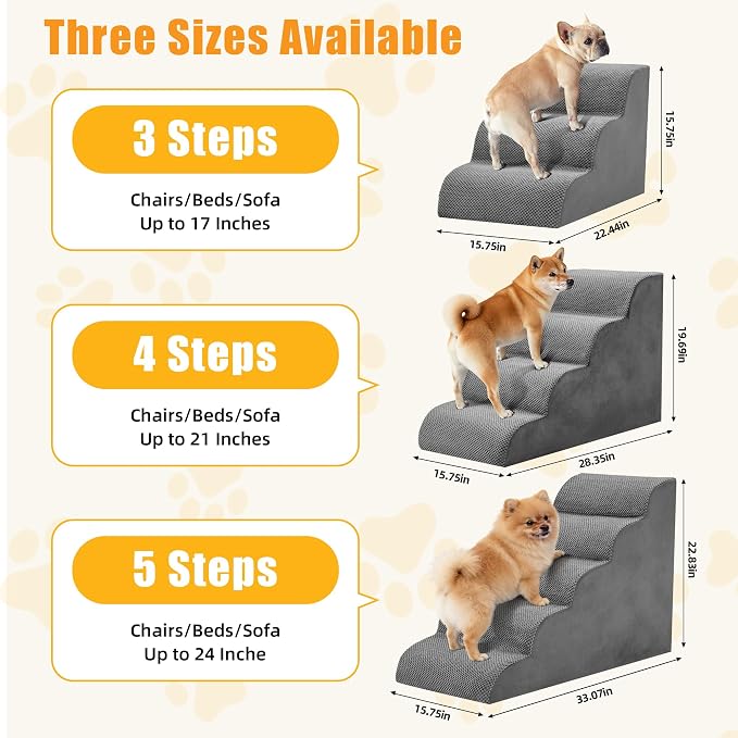 3-Step Dog Stairs for Small Dogs and Cats, 16" H Dog Steps for Couch, Sofa, Chair, Durable Non-Slip Sturdy Pet Steps, Pet Ramp for High Bed Indoor
