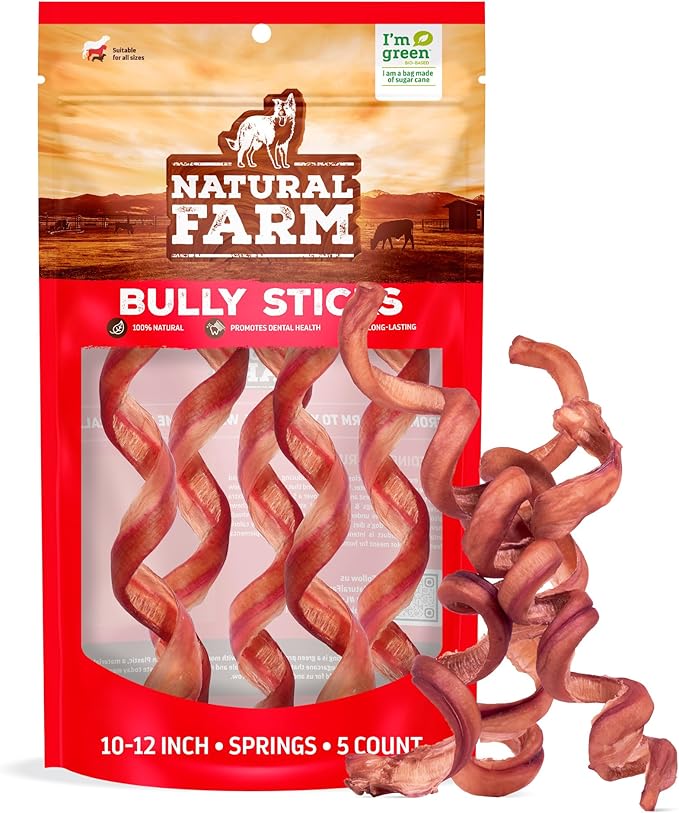 Natural Farm Odor-Free Curly Bully Sticks (10-12 Inch, 5 Pack), Fully Digestible, 100% Beef Pizzle Chews, More Engagement & Fun, Grass-Fed, Non-GMO, Fully Digestible - Best for Small & Medium Chewers