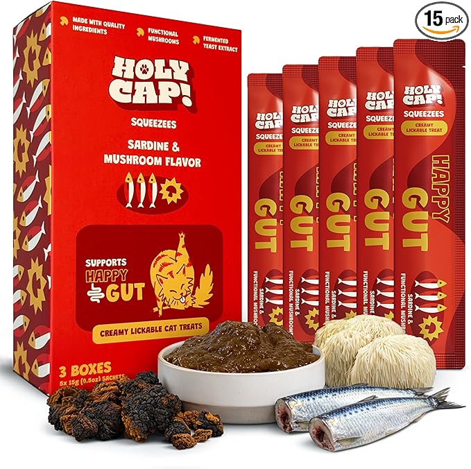 Happy Gut Grain-Free Lickable Cat Treats 15 Squeezable Purée Tubes (0.5 oz Each), Sardine & Pumpkin Flavor, Creamy Cat Purée with Clean Ingredients, Hand-Fed Treat or Meal Topper