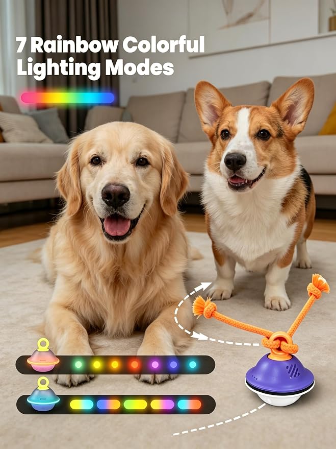 Smart Interactive Dog Toys, 3 Play Modes Smart Moving Bouncing Dogs Ball with Rope, Moving Dog Toy Ball with RGB Lights, Stimulating Sound, Voice Recording, Automatic Dog Toy for Medium & Large Dogs