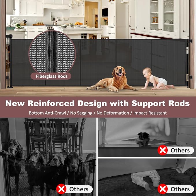 Reinforced 41" Tall × 120" Extra Wide Retractable Baby Gate with Support Rods, Indoor Extra Long Baby Gate Retractable Dog Gate Outdoor Retractable Gate Extra Tall Pet Gate for Large Openings, Black