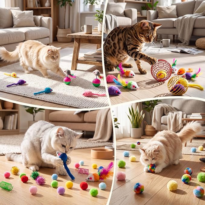 Leitee 200 Pcs Cat Toys Bulk, Interactive Kitten Toys Set for Indoor Cats with Colorful Springs Toy, Mouse Toy, Rainbow, Crinkle, Sparkle Balls, Pom Pom, Bell & Sisal Ball for Boredom Relief Exercise