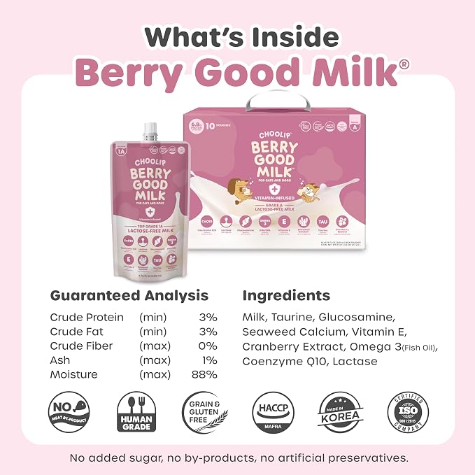 Choolip Berry Good Milk for Cats & Dogs – Lactose-Free Pet Milk Pouches – Vet-Formulated Hydrating Drink with Cranberry, CoQ10, Glucosamine & Omega-3 (200mL x 10 Pouches)
