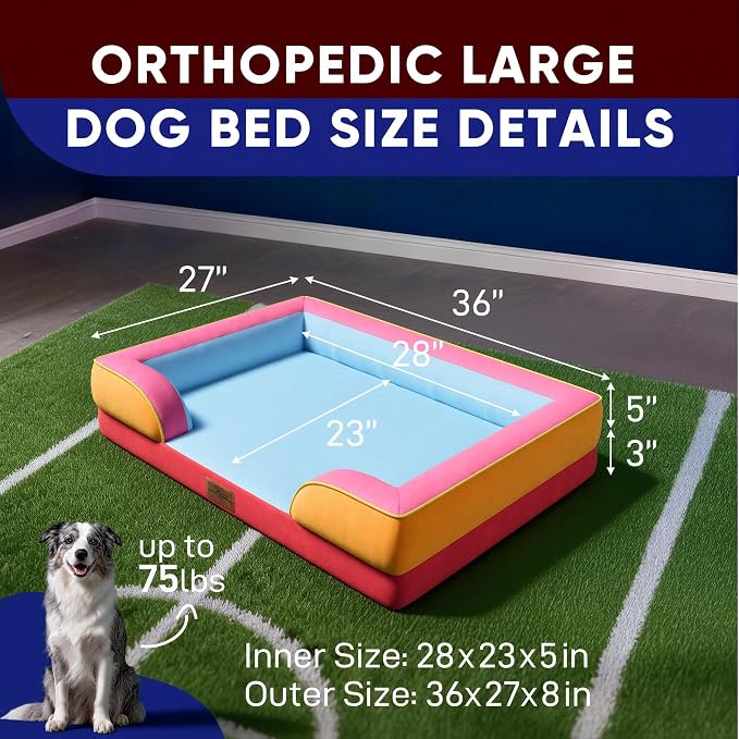 Comfort Expression Orthopedic Dog Bed for Large Dogs 36x27 Inch, Waterproof Egg Crate Foam Large Pet Bed with Bolsters, Dog Couch with Washable Cover & Non-Slip Bottom, Miami