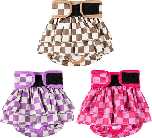 wegreeco Dog Diapers Female (3 Pack), Highly Absorbent Puppy Doggie Dog Diapers for Female Dogs Period, Washable Doggy for in Heat, Small Medium Large Size (Checkerboard Red, Purple,Coffee, Large)
