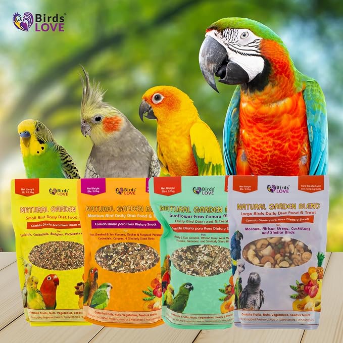 Birds LOVE All Natural Garden Blend Bird Food for Medium Birds, 2 lb, Fruit, Nut, Vegetable & Seed Mix for Cockatiels, Conures, Ringneck Parakeets & Small Quakers, Resealable Freshness Bag
