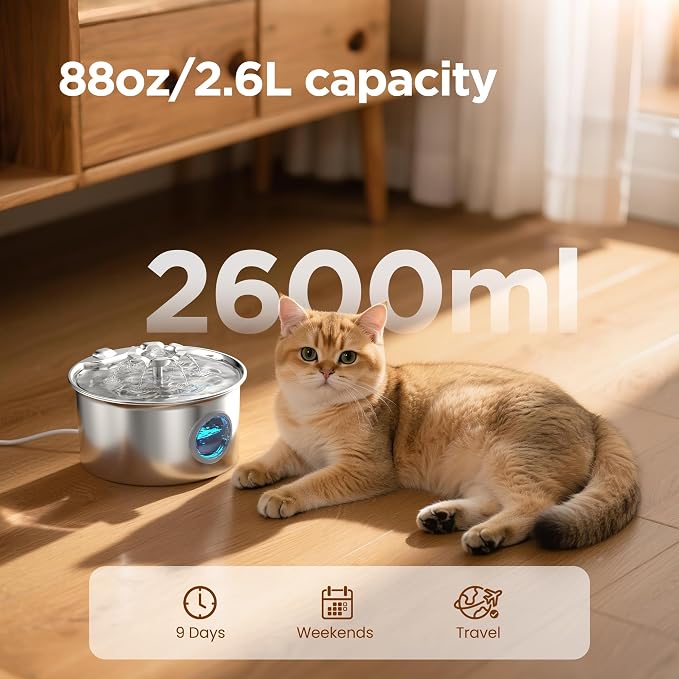 Cat Water Fountain Stainless Steel: Pet Fountain with 6 Filters & 3 Sponges | 88oz/2.6L Water Fountains for Cats Inside with Flower - IHOUONE Kitty Spout Drinking Dispenser Animal Supplies