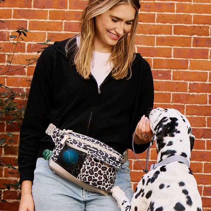 Cleverpup Walk & Train 2-in-1 Dog Walking Bag - Hands-Free Training Crossbody Sling & Fanny Pack with Treat Pouch, Poop Bag Holder, Phone Pockets - Adjustable Waist or Shoulder Strap - Leopard