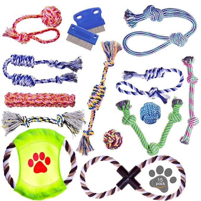 Pets&Goods Dog Grooming Combs & Rope Toy Bundle - Gentle Tear Stain Remover and 13-Pack Durable Rope Toys for Puppies & Small Dogs