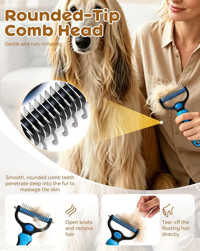 Tool, 2-In-1 Deshedding Dog Brush, Double-Sided Grooming Tool for Thick Coats, Rounded-Tooth Comb for Painlessly Removing Knots and Loose Hair (Orange-Large)