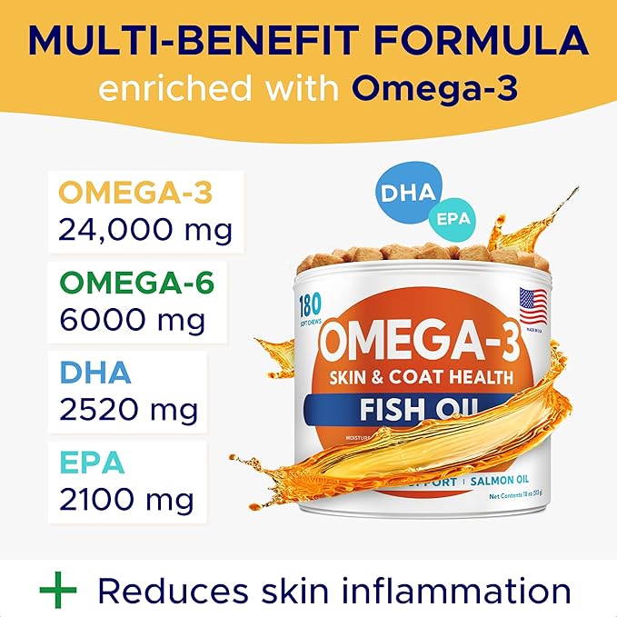 Omega 3 Fish Oil for Dogs (180Ct) - Skin&Coat Chews - Dry & Itchy Skin Relief + Allergy Support - Shiny Coat - EPA&DHA Fatty Acids - Salmon Oil Chews Promotes Heart, Hip & Joint Support