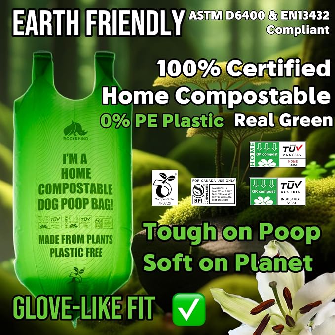 Ultra Thick & Deep RockRhino Dog Poop Bags for Large & XL Breeds | 4-Layer Interlocked Bottom | 100% Home Compostable, 0% Plastic | Vanilla-Scented | 150 Bags, Easy Open Tie Handles, Not for Scooper