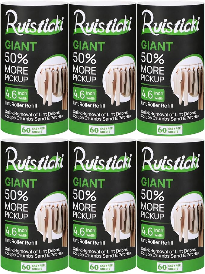 4.6 inch Giant Extreme Stick Lint Roller Refills for Evercare Giant Lint Roller and T Handle Lint Roller Extra Sticky 60 Sheets Each Refill 6 Pack 360 Easy- Peel Sheets Total
