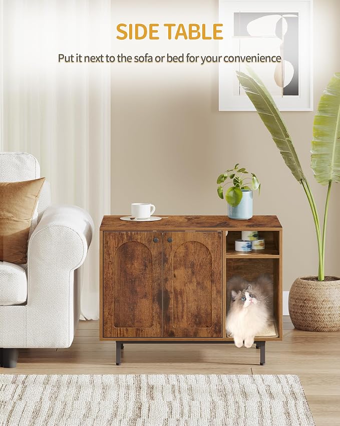 Hzuaneri Cat Litter Box Enclosure Enclosed, Hidden Litter Box Cabinet Furniture with Storage, Wooden Indoor Cat House Large, Modern End Table for Living Room Entryway, Rustic Brown and Black CB01501B