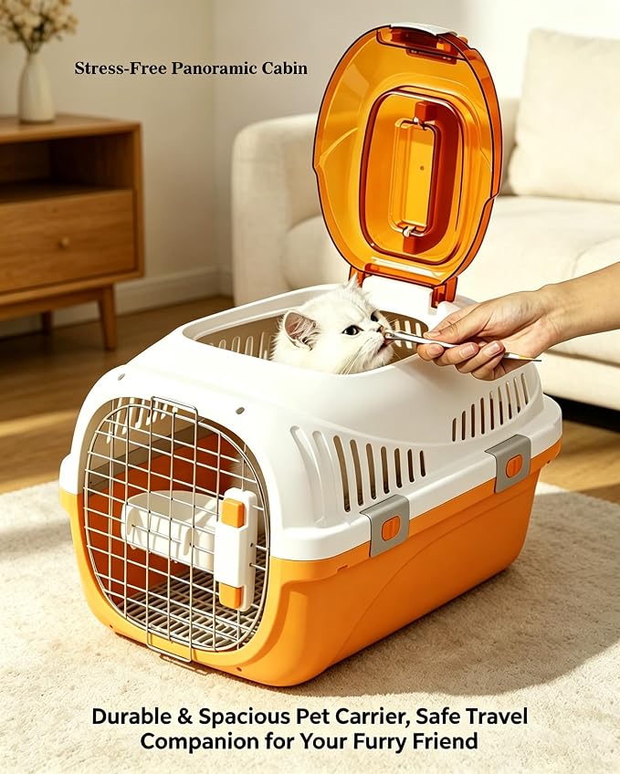 Cat Carrier Airline Approved, Portable Pet Travel Crate with Anti-Stress Design for Cats & Small Dogs, Car Safe Kennel with Top Window (Orange)
