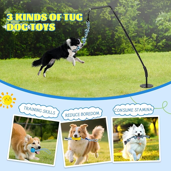 360° Rotating Dog Spring Pole Tug Toy for Medium Large Dogs, Outdoor Adjustable Height Dog Tug of War Toy with Reinforced Spring, Durable Chew Rope, 2 Replacement Toys & 4 Ground Stakes