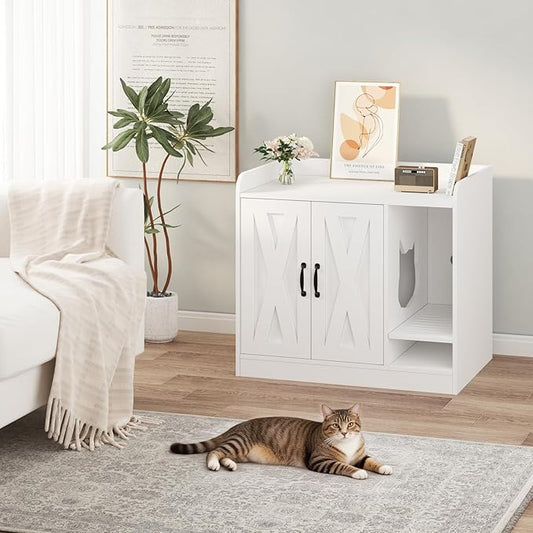 Cat Litter Box Enclosure,Hidden Litter Box Furniture with Divider,Indoor Cat House,Wooden Cat Washroom Storage Cabinet Bench, Side End Table Nightstand, 33.07" L × 23.62" W × 23.92" H,White