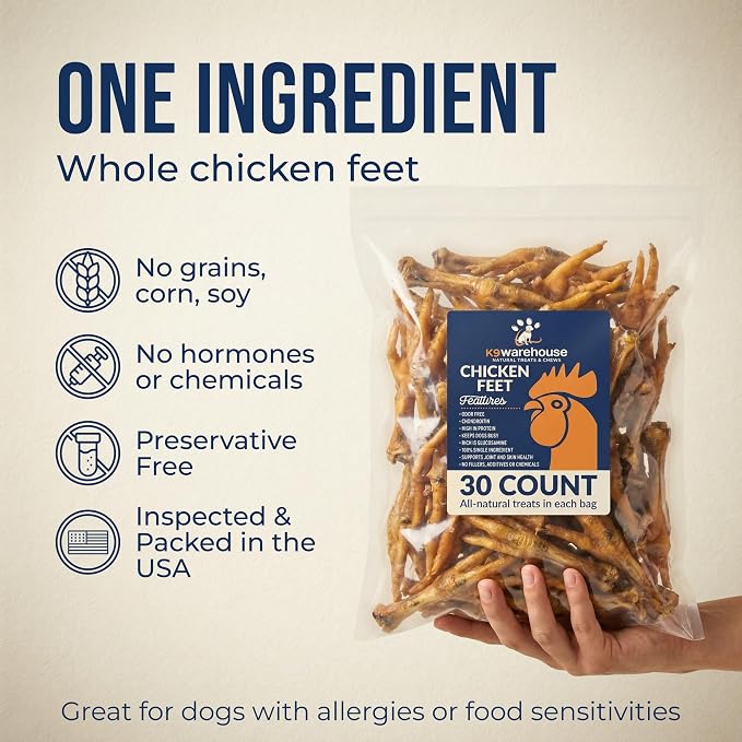 K9warehouse Chicken Feet Dog Treats - 30 Count - Natural Dehydrated Chicken Feet for Dogs - Nutrient-Rich Dog Chicken Feet - Tasty Chicken Foot Chews for Canines - Ideal for Training & Dental Health