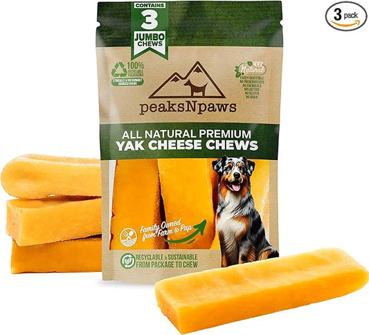 peaksNpaws Himalayan Dog Chews, High Protein Yak Cheese, Lactose Free, Natural Dog Treat, Long Lasting Chew Stick for Aggressive Chewers Over 80 lbs, 3 Jumbo Sticks, 100% Eco-Friendly Packaging