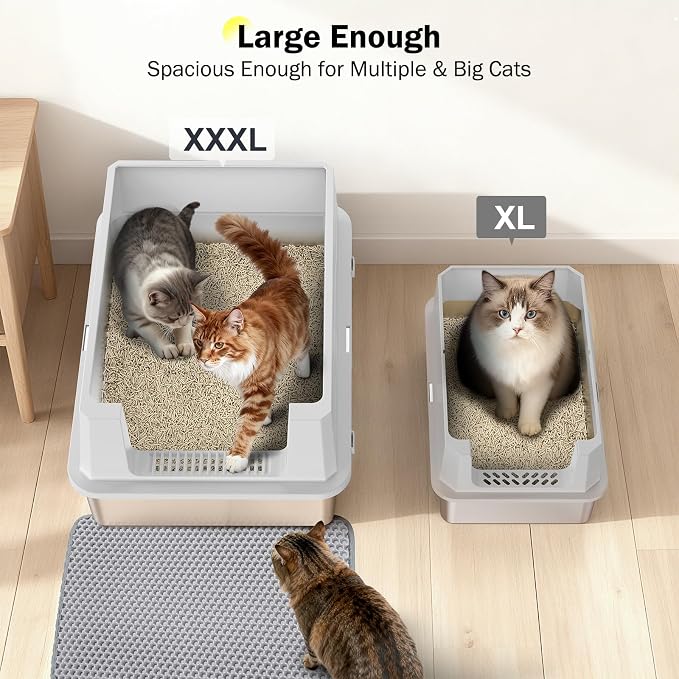 Stainless Steel Litter Box Extra Large for Big Cats Multi-Cats, Jumbo Extra Large Metal Cat Litter Box with High Sided Lid, Anti-Urine Leakage, Non-Stick,Include Litter Scoop