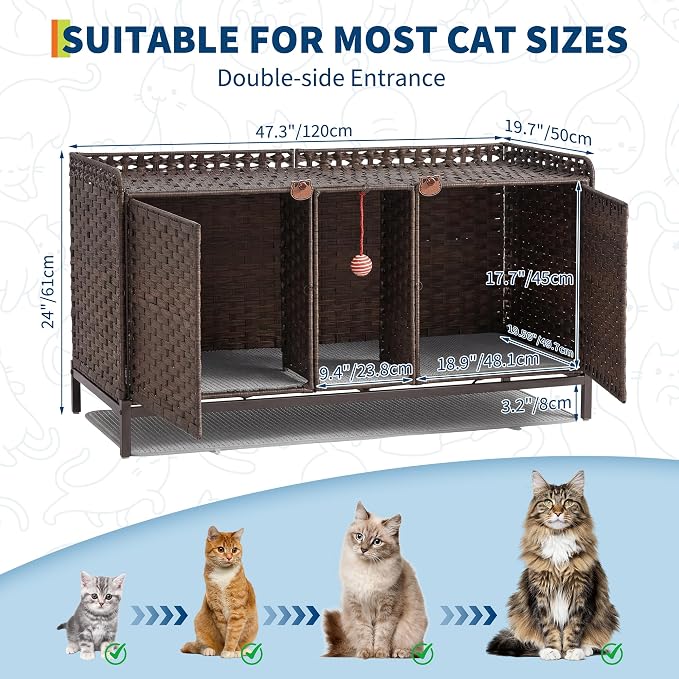 Rattan Litter Box Enclosure Double Cat Hidden Litterbox Furniture with Removable Litter Mat,Ball & 2 Hooks, Natural Cat House End Table, Easy Assembly, 47.2" l x 19.7" w x 23.6" h Brown