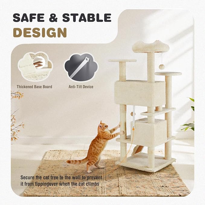Cat Tree 54 Inch, Multi-Level Cat Tower with Condo, Perches, Sisal Scratching Posts and Climbing Ladder, Pet Play Toy Balls House for Indoor Cats