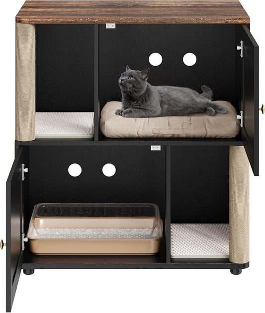 2 Tier Cat Washroom,Modern Farmhouse Double Cat Litter Box Enclosure Furniture,Hidden Cabinet with 2 Scratch Mats & Post, Multi-Functional End Side Table for 2 Cats, Odor-Control Wooden Washroom Cabin