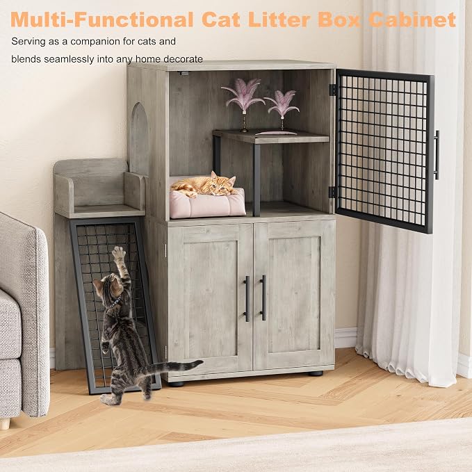 Garvee Dog Proof Cat Feeding Station, Cat Litter Box Enclosure Furniture, Hidden Litter Box Cabinet with Ladder and Door, Large Indoor Cat House with Storage, Large Pet Cabinet