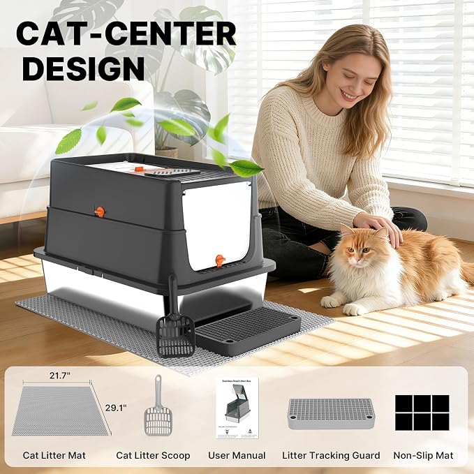 Stainless Steel Litter Box with Flip Lid, XL Extra Large Cat Litter Box with High Sided Top Entry Design, Anti-Leakage Enclosed Metal Litterbox for Big Cats, with Handle, Mat, Pedal & Scoop, Black