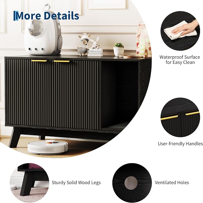 Garvee Cat Litter Box Enclosure, 39" Litter Box Enclosure Furniture Hidden Litter Box with Cat Litter Mat and Ventilated Holes, Modern Indoor Cat House, Side End Table for Living Room, Black