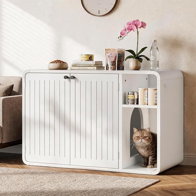 MXV 35.4" Cat Litter Box Enclosure, Hidden Wooden Cat Furniture with Slatted Doors, Mid-Century Modern Cat Washroom Storage Bench, Side End Table for Living Room, Bedroom, White