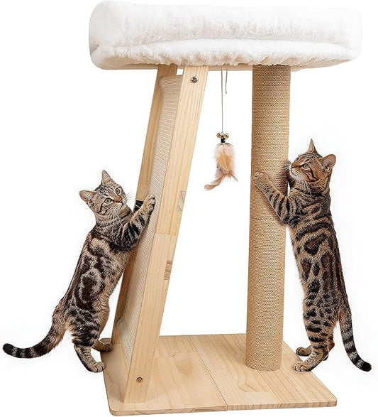 31.5" Cat Scratching Post, 3-in-1 Multifunctional Natural Pine Wood Cat Furniture, Tall Scratch Posts with Perch&Scratcher, Boxed with Hanging Bell Toy, Large