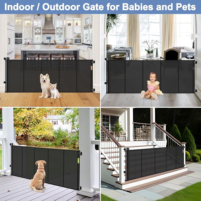 Reinforced Retractable Baby Gates with Support Beam 60" Wide Retractable Dog Gate Indoor Prevent Children and Dogs from Crawling Under Outdoor Dog Gate for Deck Mesh Gates for Kids or Pets, Black