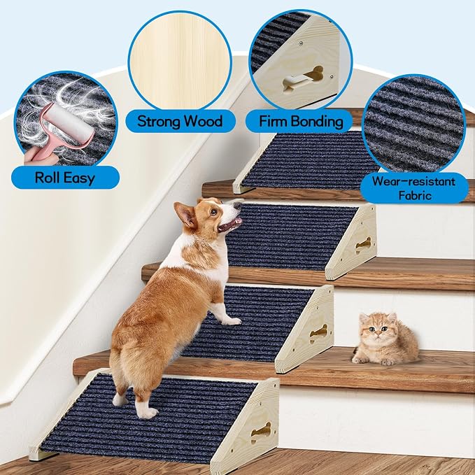 Extra Wide Dog Ramps for Stairs, Wooden Pet Ramp&Stairs for Small Dogs, Non-Slip Pet Steps for Any Staircase, Dog Stair Ramp for Injured Dogs with Anti-Slip Strip, 4 Pack